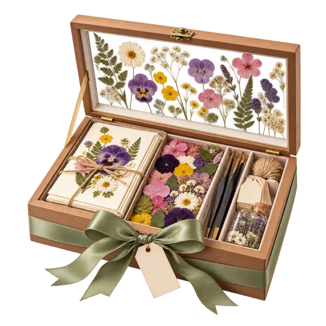 Open wooden case with pressed flowers and craft supplies