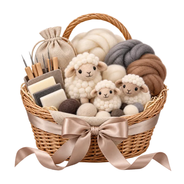 Wicker basket with wool, felting tools and tiny sheep figures