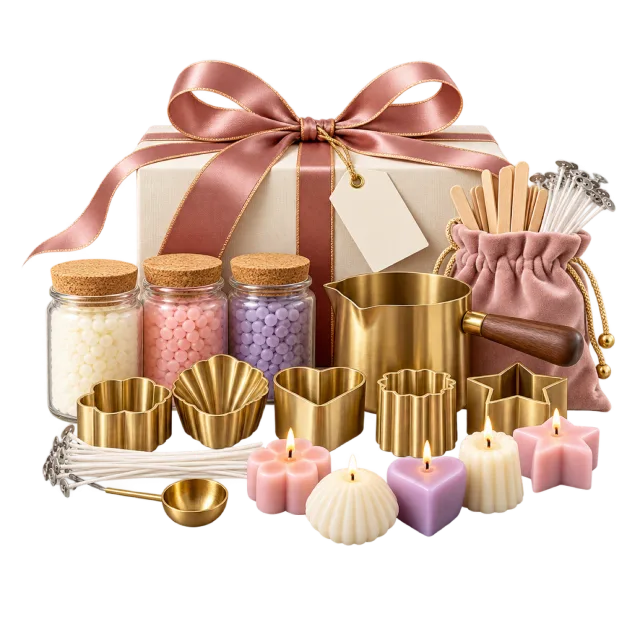 Candle-making supplies with wax beads, metal molds and small candles