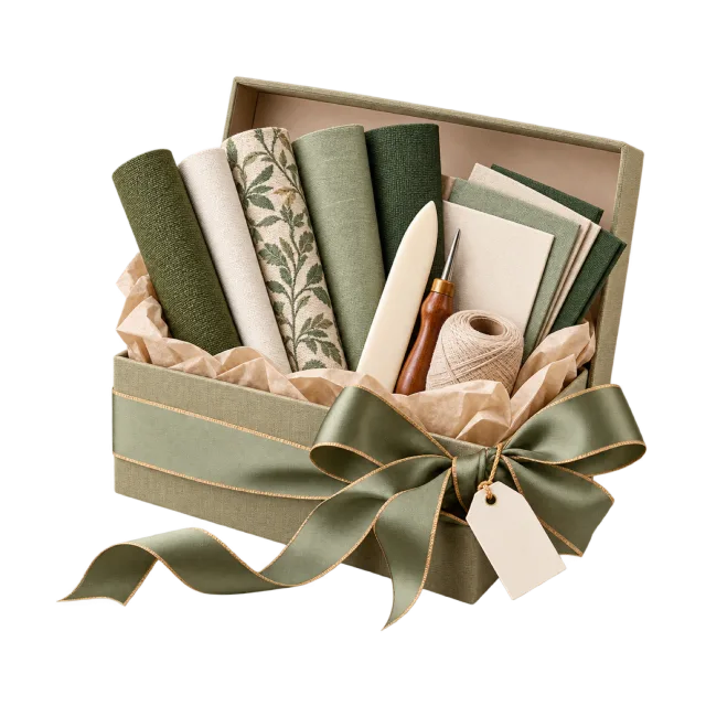 Gift box of bookbinding fabrics, papers and folding tools