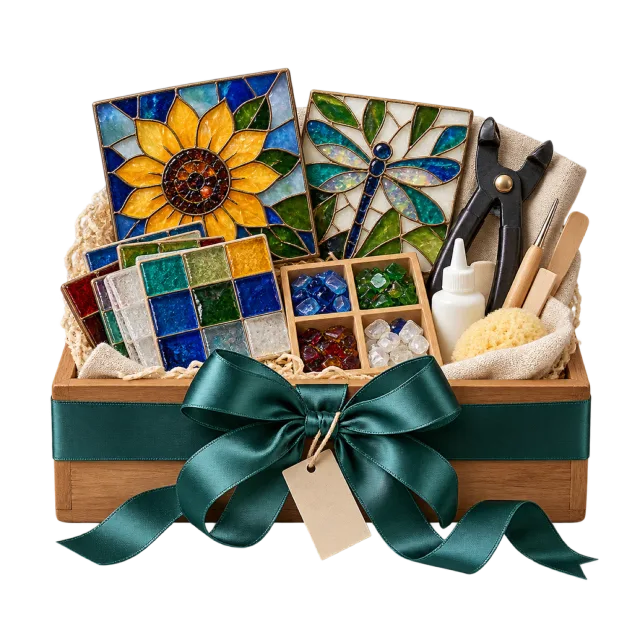 Wooden tray with colorful mosaic tiles, floral panels and tools