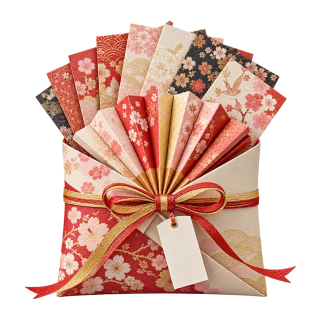 Patterned paper fan and folded sheets in a ribboned envelope
