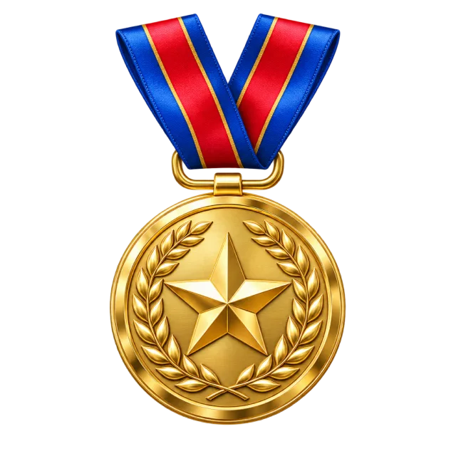 A round gold medal embossed with a star and laurel border on a striped ribbon