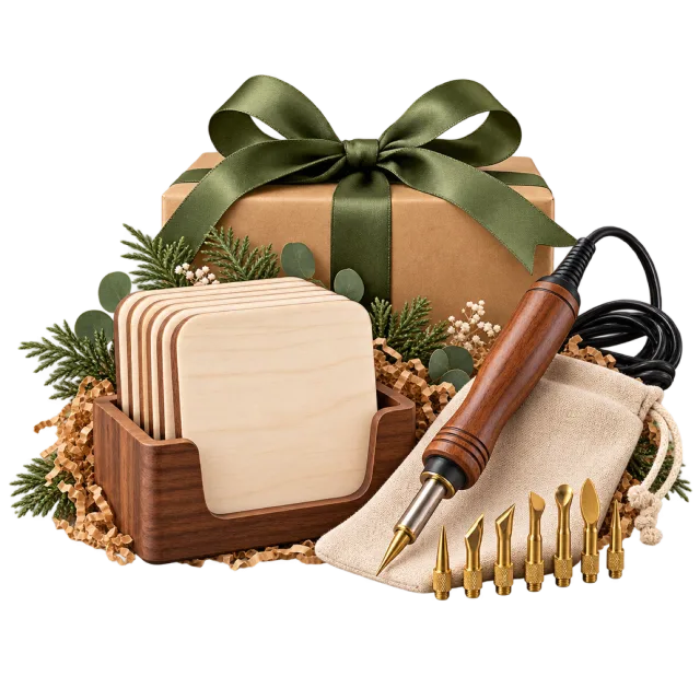 Woodburning tool beside blank wooden coasters and metal tips