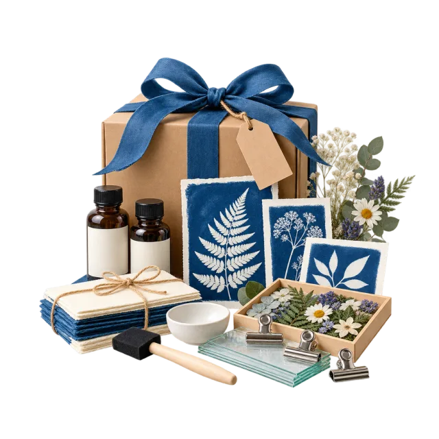 Blue-themed printing kit with botanical prints, bottles and brushes