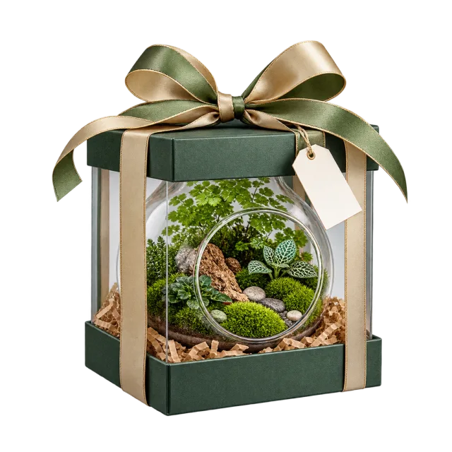 Ribboned green box containing a glass terrarium with moss