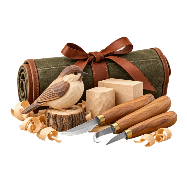 Wooden carving tools beside a carved bird and rolled tool case