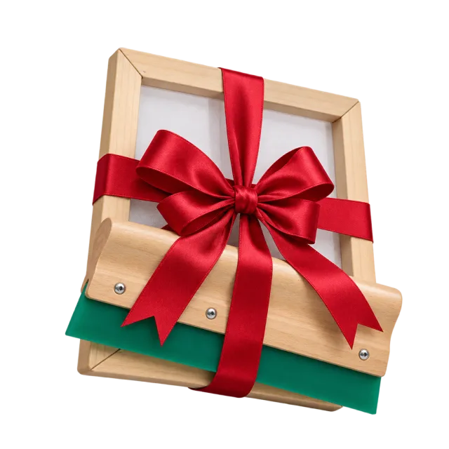 Small printing frame and squeegee bundled with a red ribbon