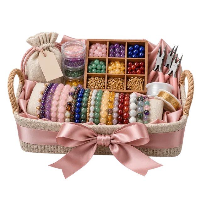Woven tray containing colorful beads, bracelets and jewelry tools