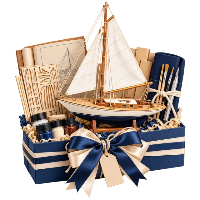 Navy gift case with a miniature sailboat and model-building supplies