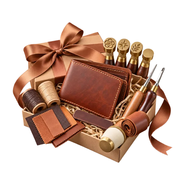 Leather craft kit with stamps, tools and a small brown wallet