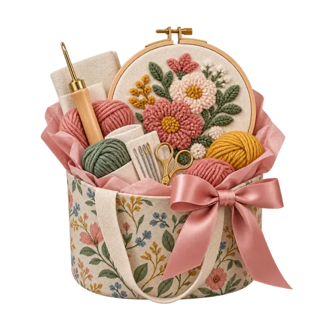 Floral craft bag with a punch needle hoop and colorful yarn