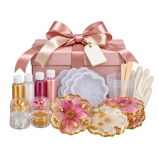 Pink craft kit with flower coasters, small bottles and molds