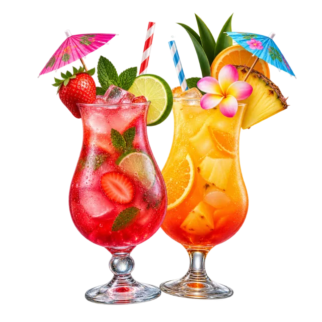 Two colorful fruit drinks with ice, fruit garnishes and small paper umbrellas