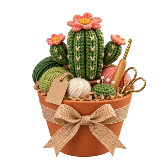 Crochet cactus in a terracotta pot surrounded by yarn and tools
