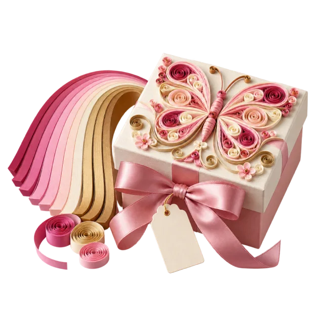 Pink gift box with paper strips and a decorative quilled butterfly