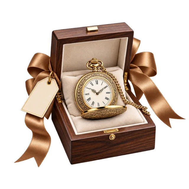 Golden pocket watch in an open dark wooden box