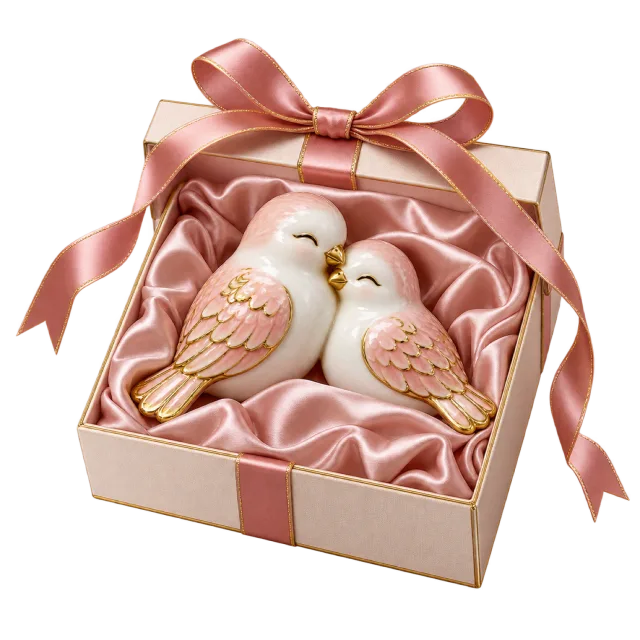 Two pale lovebird figures in a pink lined gift box