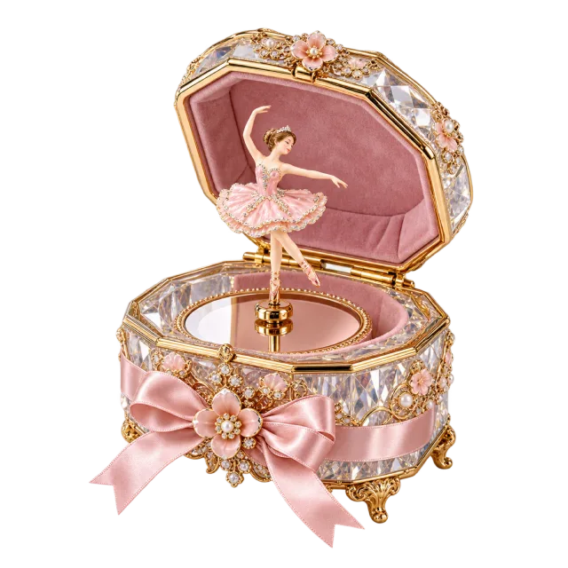 Ornate pink music box with a small ballerina figure