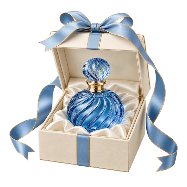 Blue swirled perfume bottle in a cream presentation case