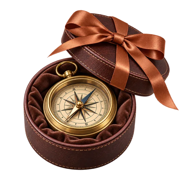 Round compass in a brown lined gift case