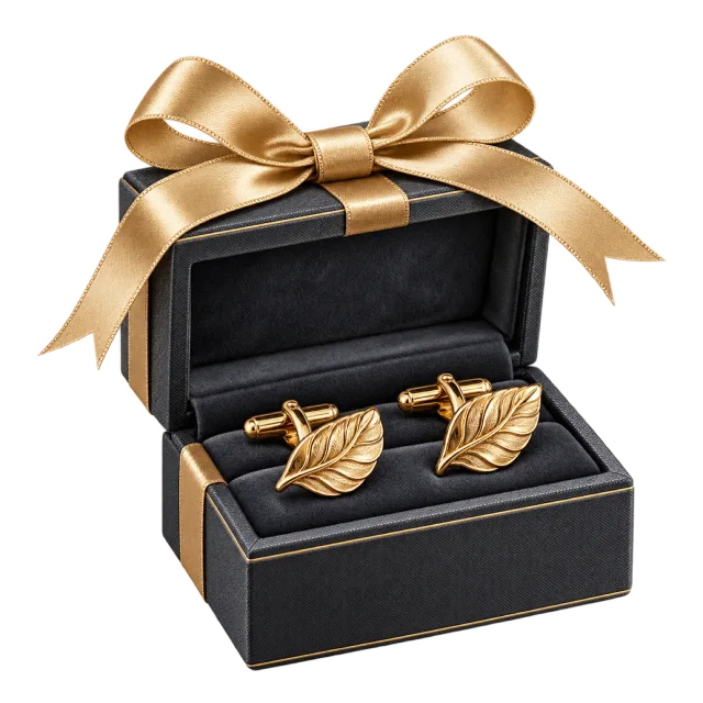 Golden leaf-shaped cufflinks in a charcoal presentation case