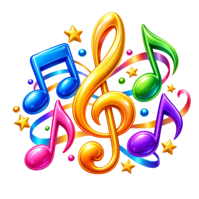 Glossy multicolored musical notes surrounding a golden treble clef