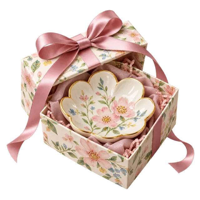 Flower-shaped painted ring dish inside a floral gift box