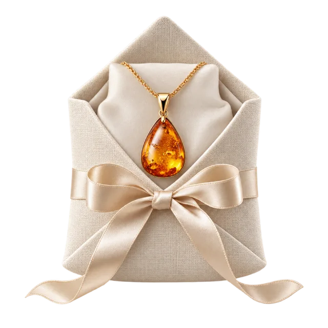 Amber-colored teardrop pendant displayed in a cream envelope