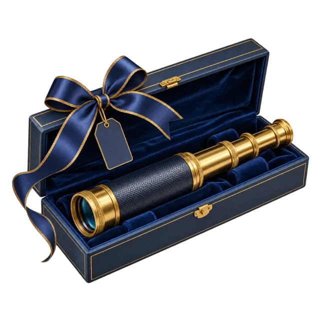 Small golden telescope in an open navy case