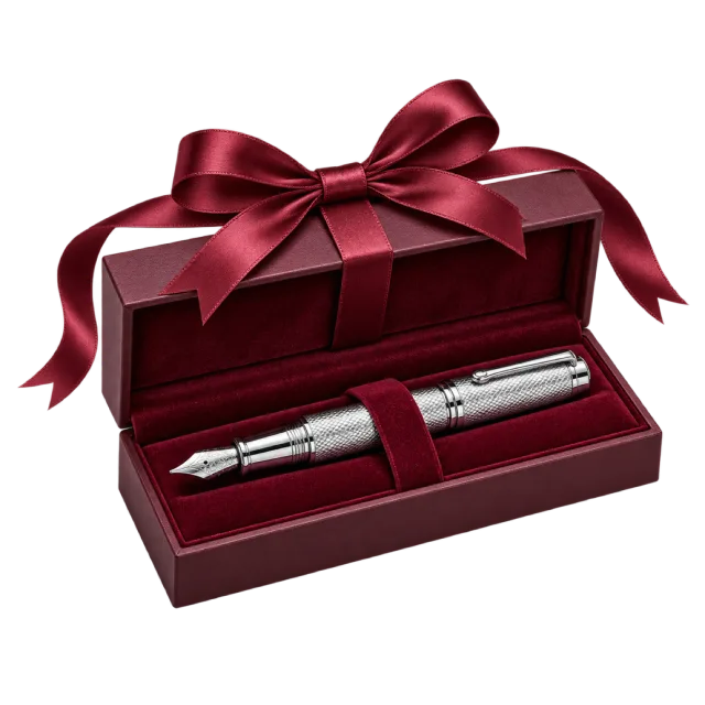 Silver-colored fountain pen in a burgundy presentation box