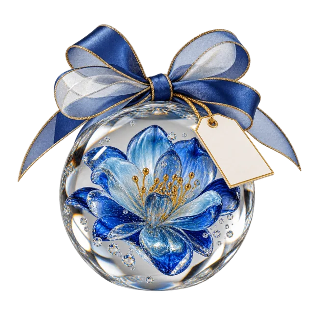 Clear round paperweight enclosing a blue flower and tied with ribbon
