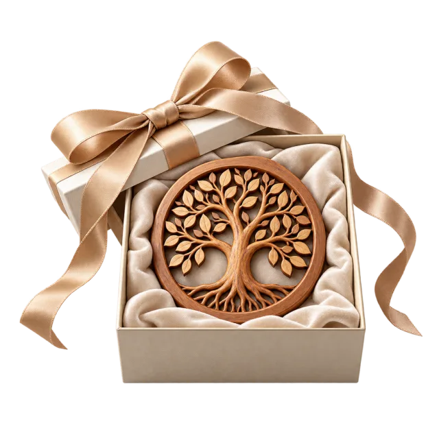 Carved wooden tree medallion in a cream gift box