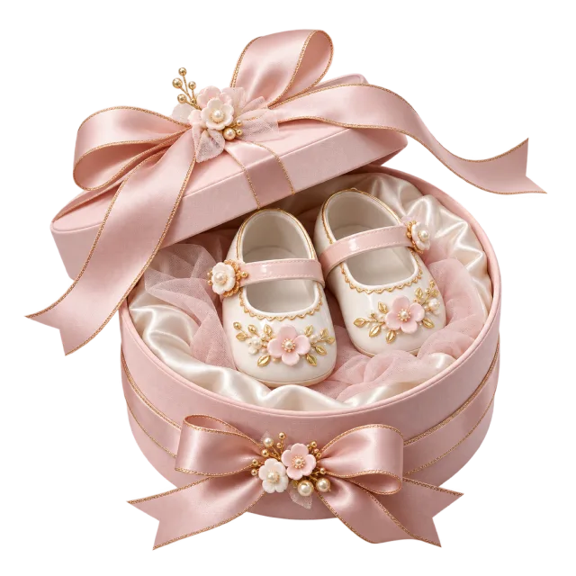 Tiny floral baby shoes in a round pink presentation box