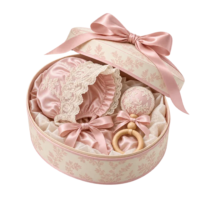 Pink baby bonnet and rattle arranged in an oval keepsake box