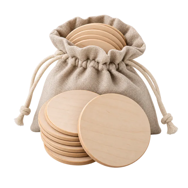 Plain wooden discs resting beside a gathered linen pouch