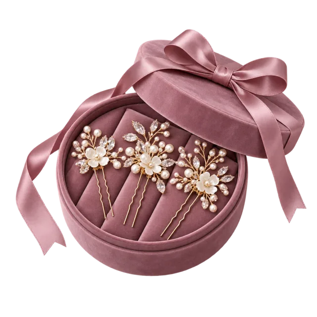 Floral pearl-like hairpins displayed in a mauve case