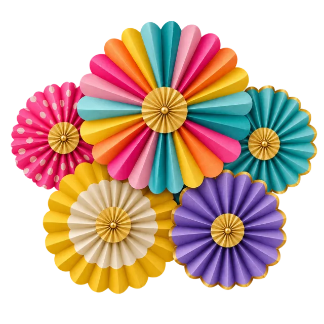 A group of folded circular paper fans in bright rainbow colors