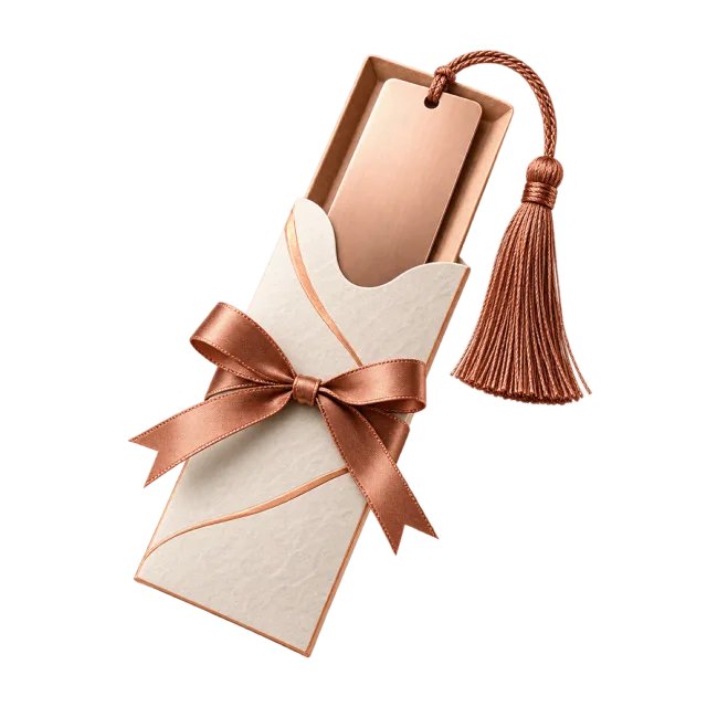 Plain copper-colored bookmark with tassel inside a paper sleeve