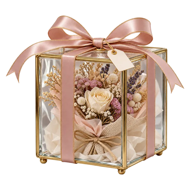 Small dried bouquet enclosed in a clear framed gift cube