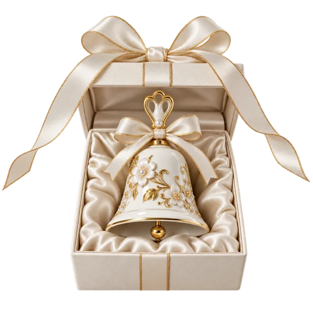 Cream ornamental bell displayed in an ivory padded box