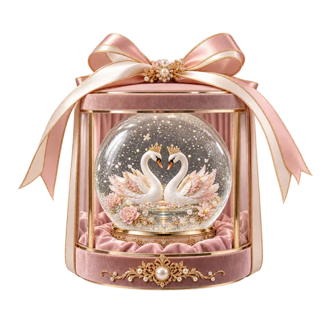Two white swans inside a snow globe in a pink gift case