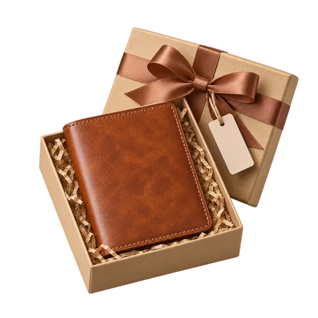 Brown passport cover presented in a tan ribboned box