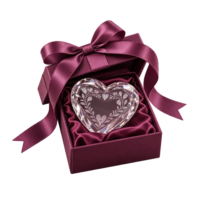 Clear heart-shaped keepsake with etched patterns in a plum box