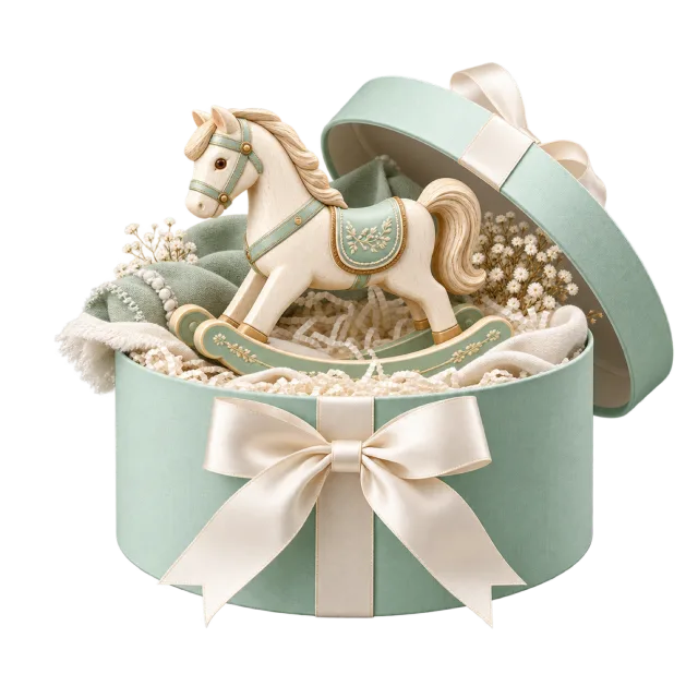 Small wooden rocking horse inside a mint round gift box