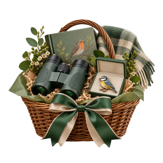 Birdwatching hamper with binoculars, a bird pin and a notebook