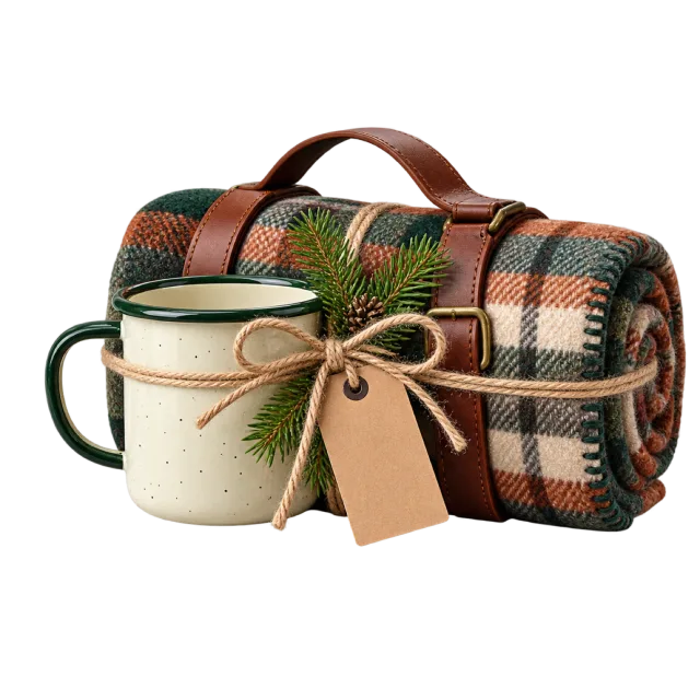 Hiking gift bundle with a cream cup and rolled plaid blanket