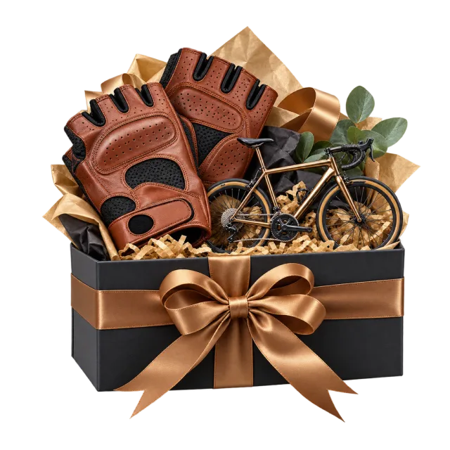 Cycling gift box with brown gloves and a miniature bicycle