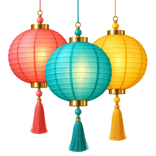 Three round paper lanterns with hanging beads and matching tassels