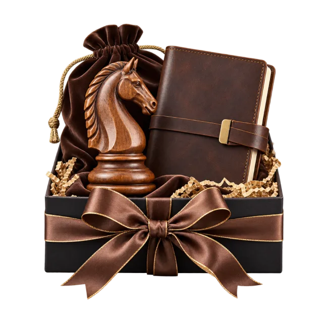 Chess gift set with a carved knight and a brown notebook